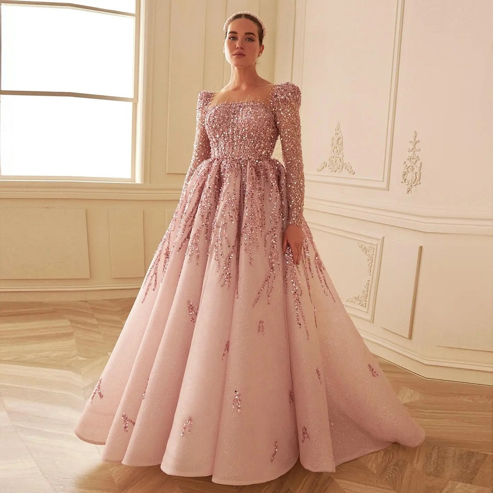 pink gown with sleeves