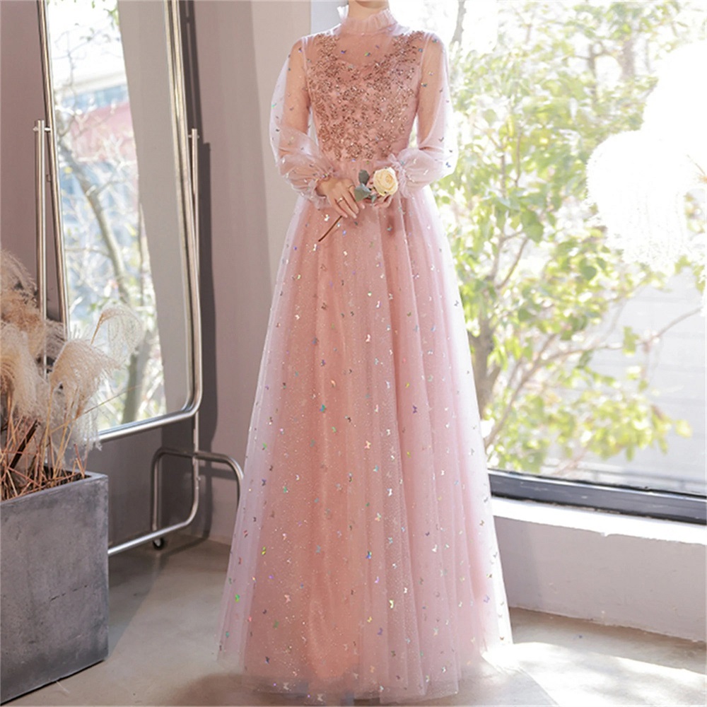 pink gown with sleeves