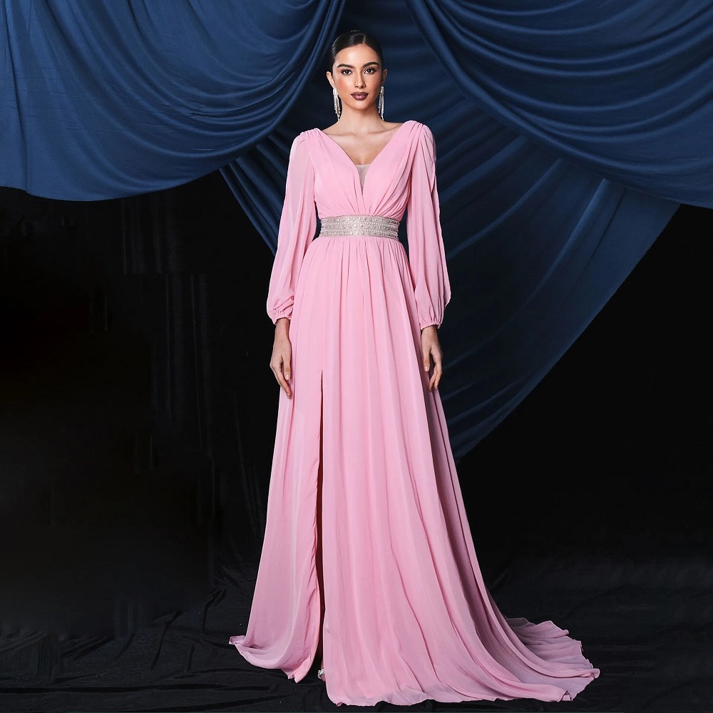 pink gown with sleeves