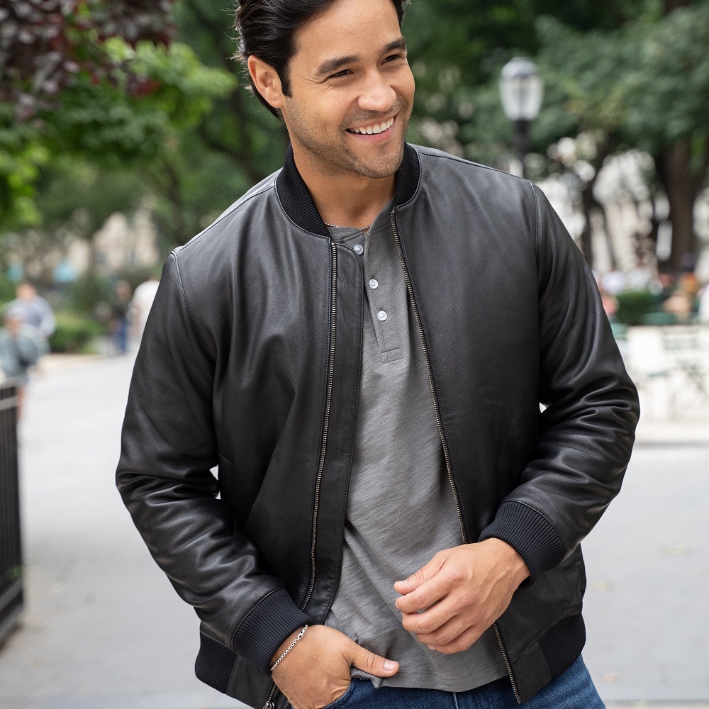 black leather bomber jacket