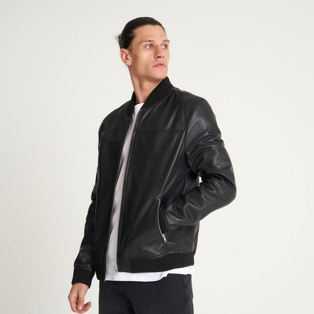black leather bomber jacket
