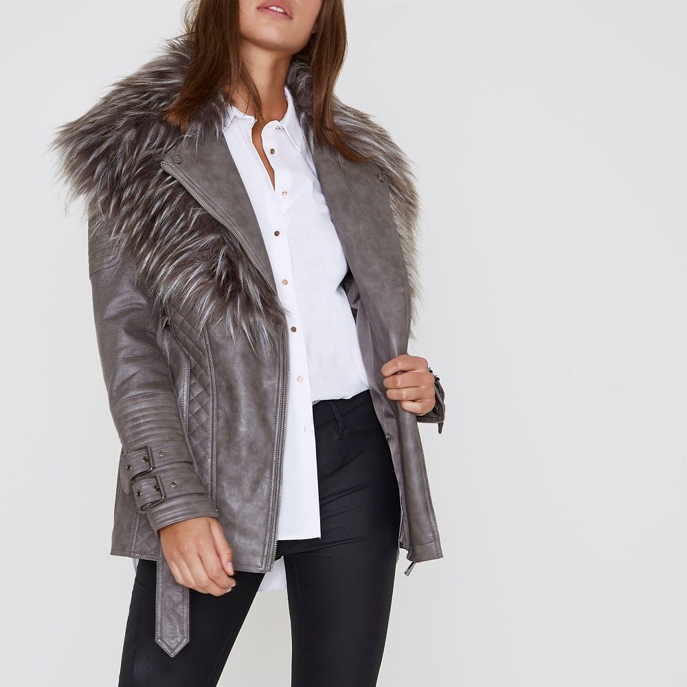 grey faux fur coat