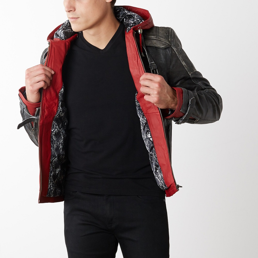 leather jacket with hood